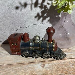 Vintage Locomotive Train Cast Iron Coin Bank Black Red 8" 90s Piggy Bank